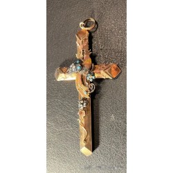 Cruz Colgante Oro con Esmalte Turquesa - Joya Antigua Decorativa 7,5x4cm