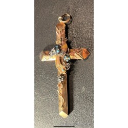Cruz Colgante Oro con Esmalte Turquesa - Joya Antigua Decorativa 7,5x4cm