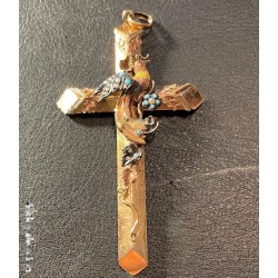 Cruz Colgante Oro con Esmalte Turquesa - Joya Antigua Decorativa 7,5x4cm