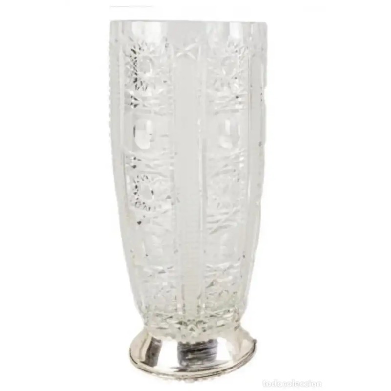 Elegante Jarrón Vintage Cristal Tallado con Base de Plata - Diseño Mid-Century Elegante Jarrón Vintage Cristal Tallado con Base de Plata - Diseño Mid-Century