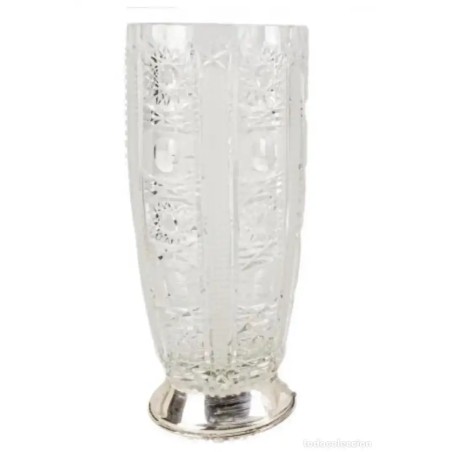 Elegante Jarrón Vintage Cristal Tallado con Base de Plata - Diseño Mid-Century