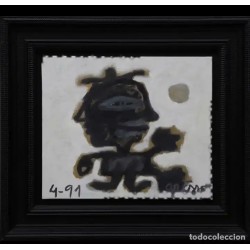GRISSO - Obra Abstracta Figura Tribal 1991 - Técnica Mixta Enmarcada 46x55cm