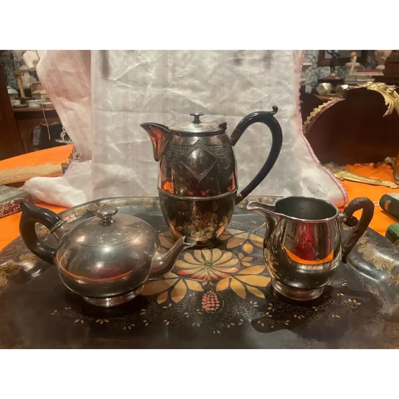 Juego de Café Plateado Art Decó - Tetera, Lechera y Cafetera Vintage Elegante