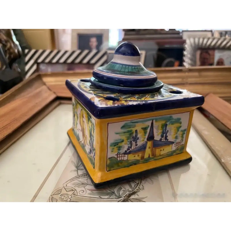 Tintero Antiguo de Cerámica de Triana - Caja Decorativa Pintada a Mano Paisaje