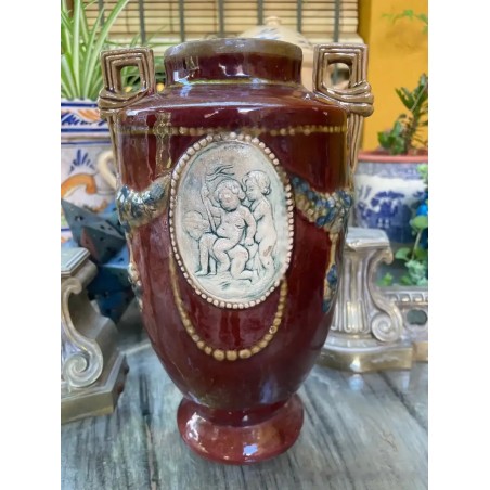 Jarrón Antiguo Manises - Ceramica Art Nouveau con Relieve de Querubines