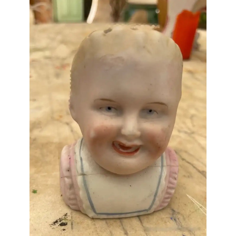 Antiguo Palillero de Porcelana Busto de Niño - Figura Decorativa Principios S.XX