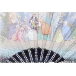 Abanico Antiguo de Nácar y Papel Pintado - Enmarcado en Vitrina Semicircular