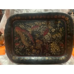 Bandeja Antigua de Metal Pintada a Mano con Motivos Florales y Ave - Colección
