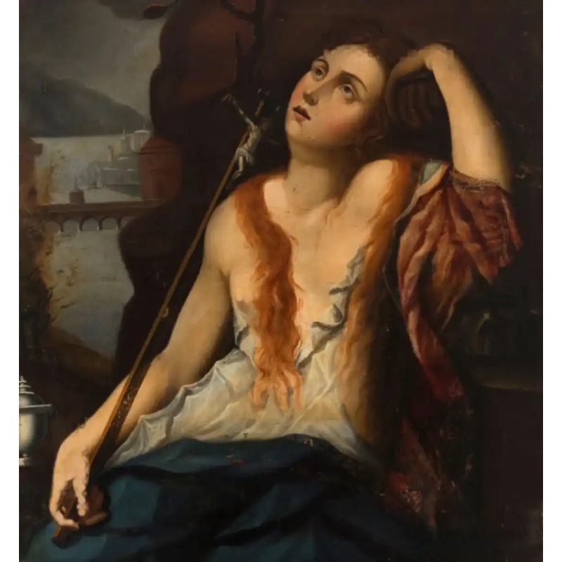 Escuela española del siglo XVIII. “Magdalena penitente”. Óleo sobre lienzo.