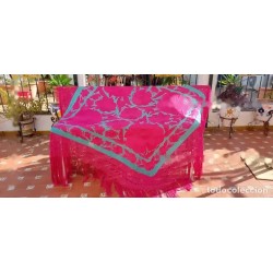 Mantón de Manila Seda Bordado - Estilo Cigarreras Rosa y Verde Turquesa