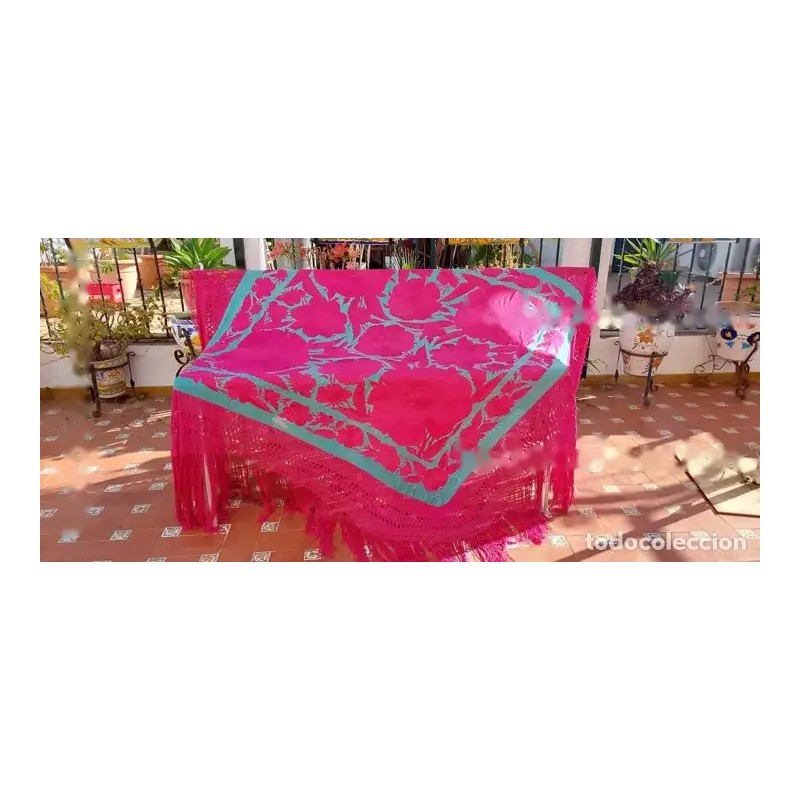 Mantón de Manila Seda Bordado - Estilo Cigarreras Rosa y Verde Turquesa