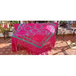 Mantón de Manila Seda Bordado - Estilo Cigarreras Rosa y Verde Turquesa