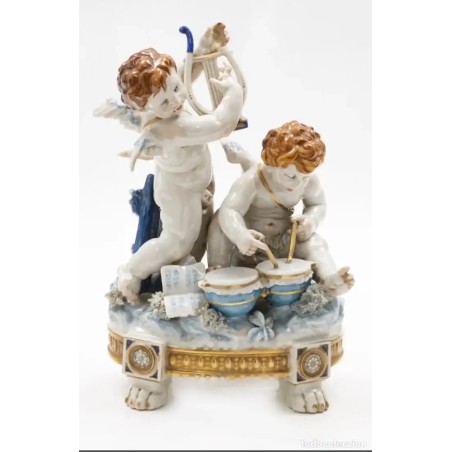 Figura Porcelana Algora Ángeles Músicos - Querubines Estilo Luis XVI con Arpa