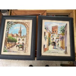 Pareja de Óleos Vintage Vistas de Sevilla - Pinturas Andaluzas Enmarcadas Giralda