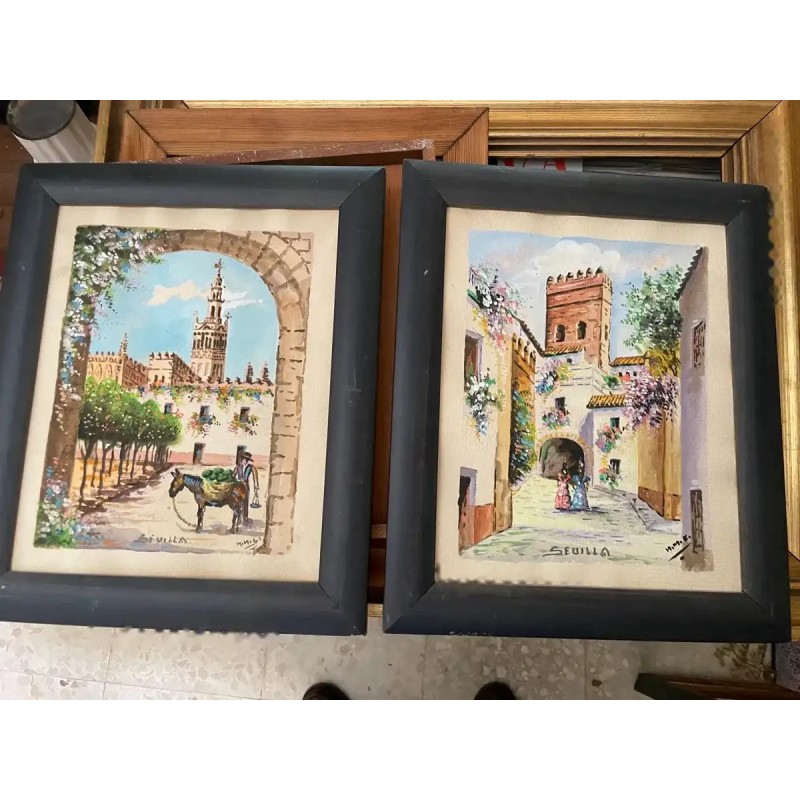 Pareja de Óleos Vintage Vistas de Sevilla - Pinturas Andaluzas Enmarcadas Giralda