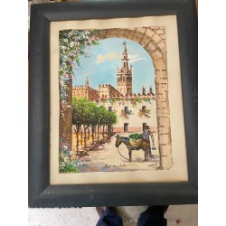 Pareja de Óleos Vintage Vistas de Sevilla - Pinturas Andaluzas Enmarcadas Giralda