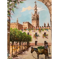 Pareja de Óleos Vintage Vistas de Sevilla - Pinturas Andaluzas Enmarcadas Giralda