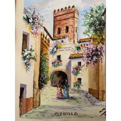 Pareja de Óleos Vintage Vistas de Sevilla - Pinturas Andaluzas Enmarcadas Giralda