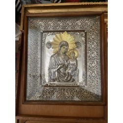 Icono Religioso Ortodoxo - Virgen María con Niño en Plata Repujada
