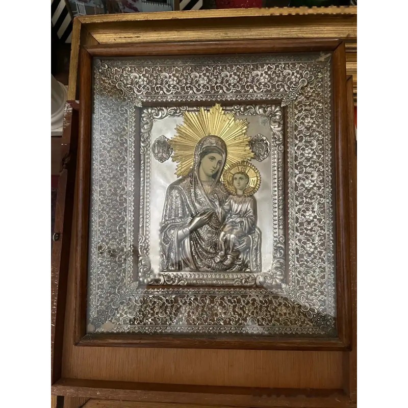 Icono Religioso Ortodoxo - Virgen María con Niño en Plata Repujada Icono Religioso Ortodoxo - Virgen María con Niño en Plata Repujada