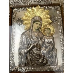 Icono Religioso Ortodoxo - Virgen María con Niño en Plata Repujada