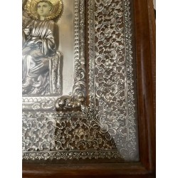 Icono Religioso Ortodoxo - Virgen María con Niño en Plata Repujada