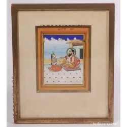 Miniatura India Rajastán Siglo XX - Escena Mogol Pintada a Mano Enmarcada