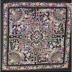 Mantón de Manila Antiguo Negro con Aves del Paraíso - Seda Bordada Siglo XIX