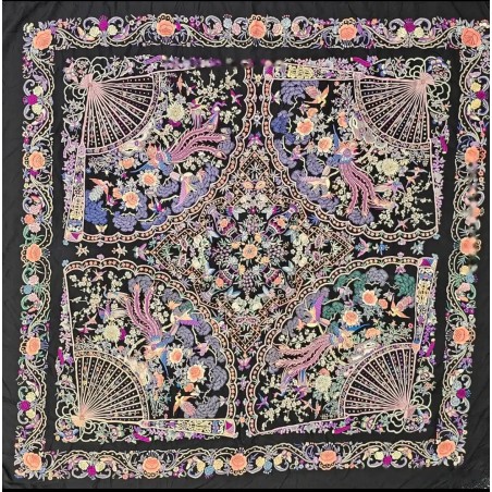 Mantón de Manila Antiguo Negro con Aves del Paraíso - Seda Bordada Siglo XIX