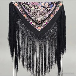Mantón de Manila Antiguo Negro con Aves del Paraíso - Seda Bordada Siglo XIX