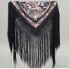 Mantón de Manila Antiguo Negro con Aves del Paraíso - Seda Bordada Siglo XIX
