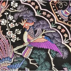 Mantón de Manila Antiguo Negro con Aves del Paraíso - Seda Bordada Siglo XIX