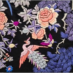 Mantón de Manila Antiguo Negro con Aves del Paraíso - Seda Bordada Siglo XIX