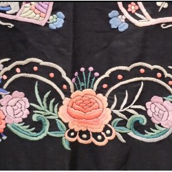 Mantón de Manila Antiguo Negro con Aves del Paraíso - Seda Bordada Siglo XIX