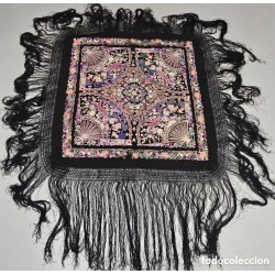 Mantón de Manila Antiguo Negro con Aves del Paraíso - Seda Bordada Siglo XIX