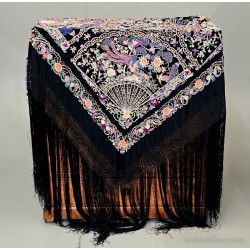 Mantón de Manila Antiguo Negro con Aves del Paraíso - Seda Bordada Siglo XIX