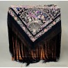 Mantón de Manila Antiguo Negro con Aves del Paraíso - Seda Bordada Siglo XIX