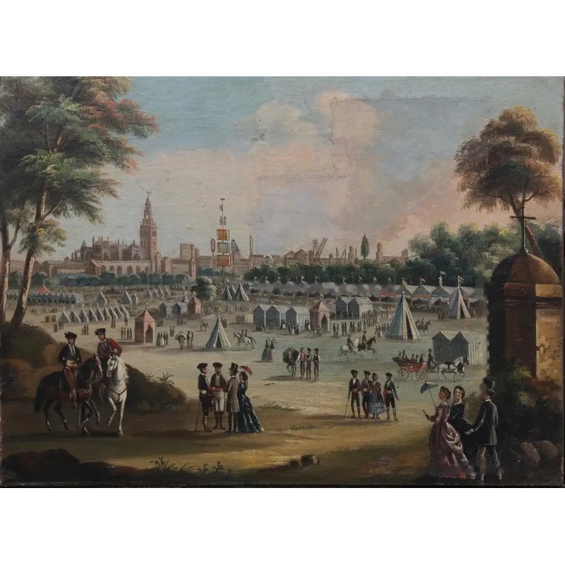 Pintura Histórica de la Feria de Abril en Sevilla - Escena Costumbrista del Siglo XIX