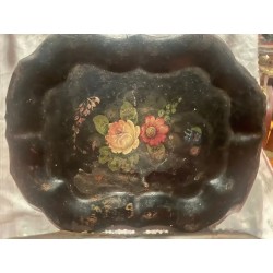 Bandeja Antigua de Metal Pintada con Motivos Florales - Arte Decorativo Vintage