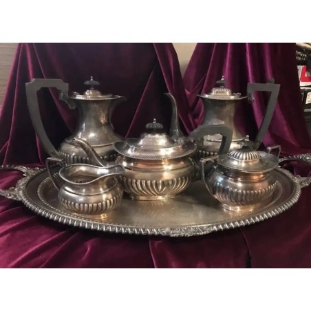 Juego de café en metal plateado con bandeja de 66 x 52 cm