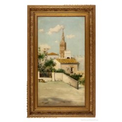 ADOLFO GIRALDEZ Y PEÑALVER“Paisaje sevillano con la Giralda”, Sevilla. Óleo sobre lienzo.