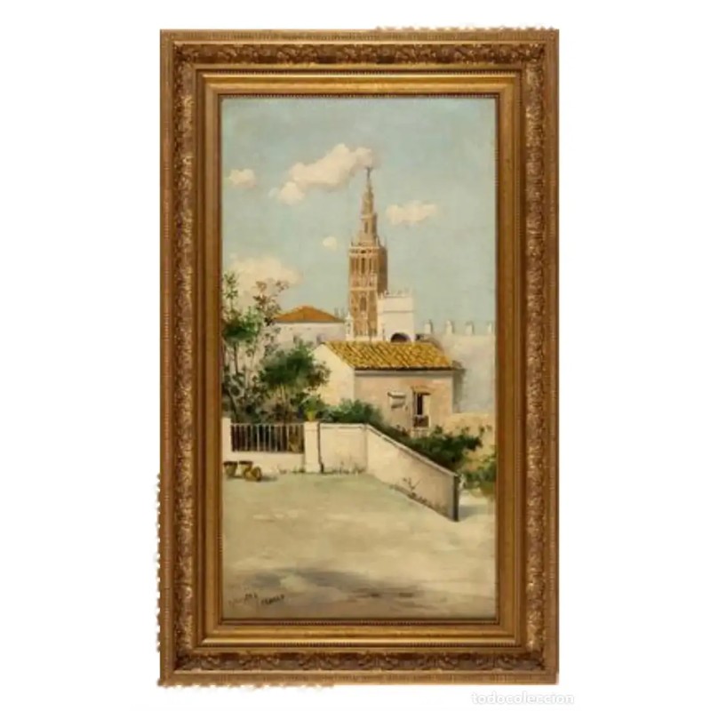 ADOLFO GIRALDEZ Y PEÑALVER“Paisaje sevillano con la Giralda”, Sevilla. Óleo sobre lienzo.