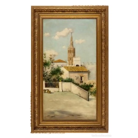 ADOLFO GIRALDEZ Y PEÑALVER“Paisaje sevillano con la Giralda”, Sevilla. Óleo sobre lienzo.