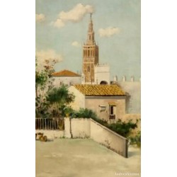 ADOLFO GIRALDEZ Y PEÑALVER“Paisaje sevillano con la Giralda”, Sevilla. Óleo sobre lienzo.