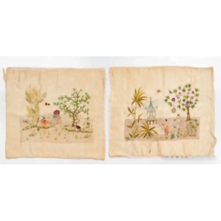 Lote compuesto por 2 sedas orientales bordadas con decoración de paisaje,