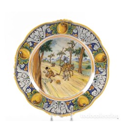 Plato en cerámica esmaltada de Talavera-Niveiro, escena del Quijote, 45.5 cm