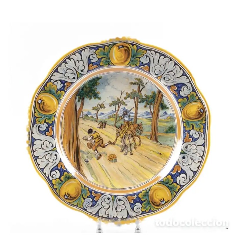 Plato en cerámica esmaltada de Talavera-Niveiro, escena del Quijote, 45.5 cm Plato en cerámica esmaltada de Talavera-Niveiro, escena del Quijote, 45.5 cm