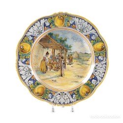 Plato en cerámica esmaltada de Talavera-Niveiro, escena de El Quijote, 45.5 cm