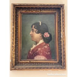 J.FIERRO S.XIX DAMA CON MANTÓN ROJO. Óleo sobre tablex