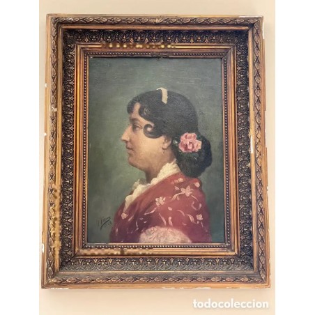 J.FIERRO S.XIX DAMA CON MANTÓN ROJO. Óleo sobre tablex